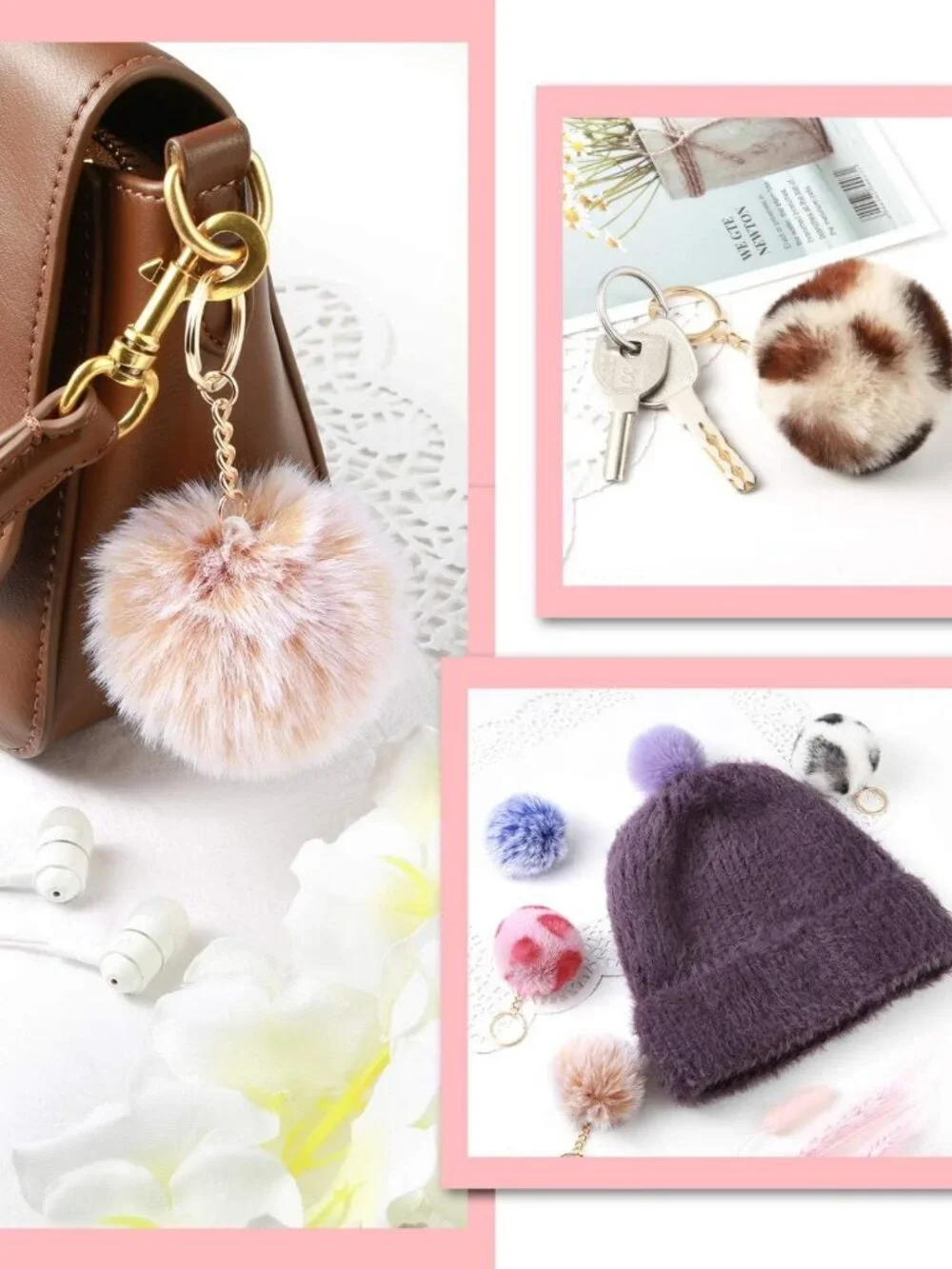 Fluffy Faux Rabbit Fur Pom Poms Keychains - 18/40/60 Pieces, Cute Keyring